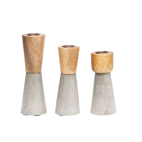 lily & onyx Brown Wood & Gray Cement Candleholders, Set Of 3 - lily & onyx