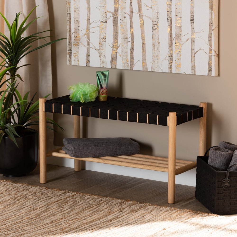 Baxton Studio Cadmus Rustic Mid Century Modern Black And Oak Brown Finished Wood Bench - lily & onyx