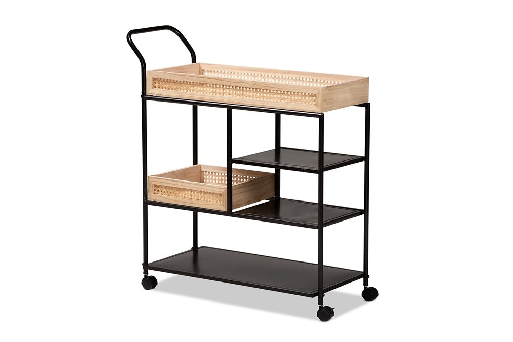 Baxton Studio Calais Modern Industrial Oak Brown Finished Wood And Black Metal Mobile Kitchen Cart With Rattan - lily & onyx