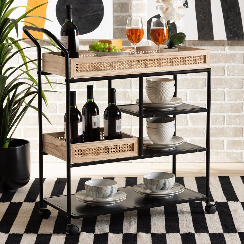 Baxton Studio Calais Modern Industrial Oak Brown Finished Wood And Black Metal Mobile Kitchen Cart With Rattan - lily & onyx