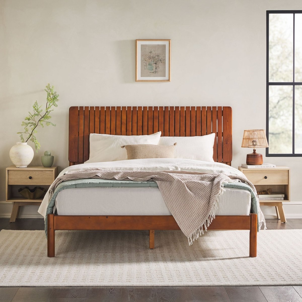 Walker Edison Callen Slatted Headboard Mid-Century Modern Solid Wood Bed - lily & onyx