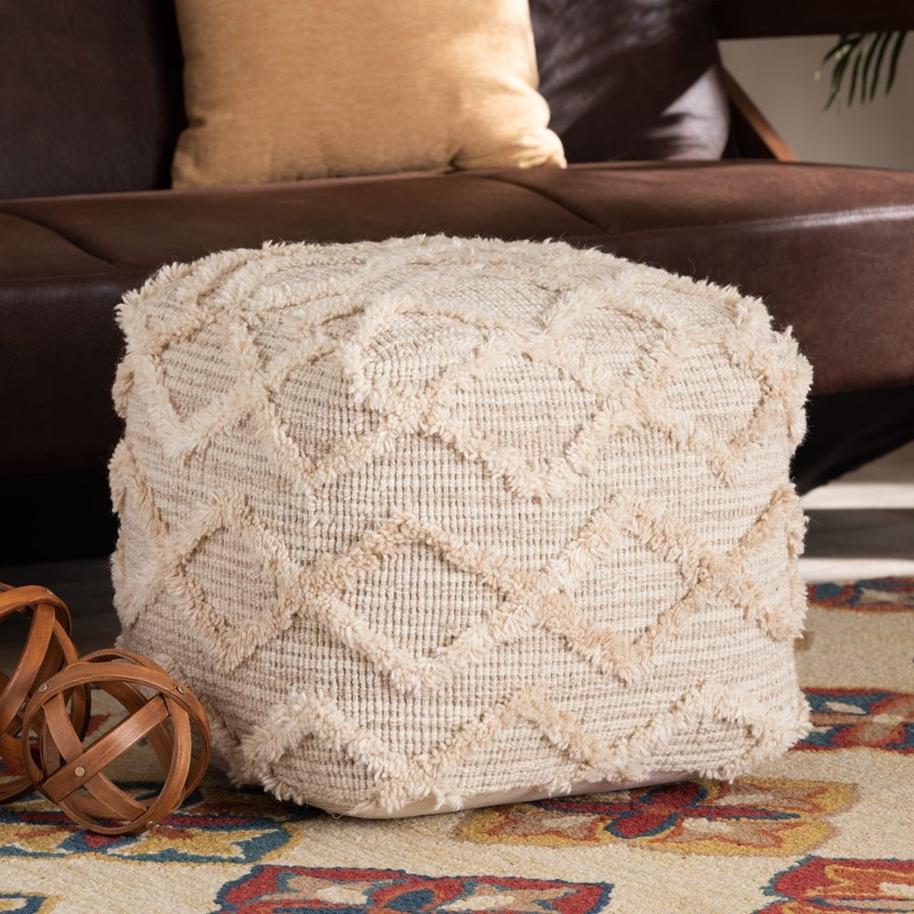 Baxton Studio Carilyn Modern And Contemporary Moroccan Inspired Ivory Handwoven Wool Blend Pouf Ottoman - lily & onyx