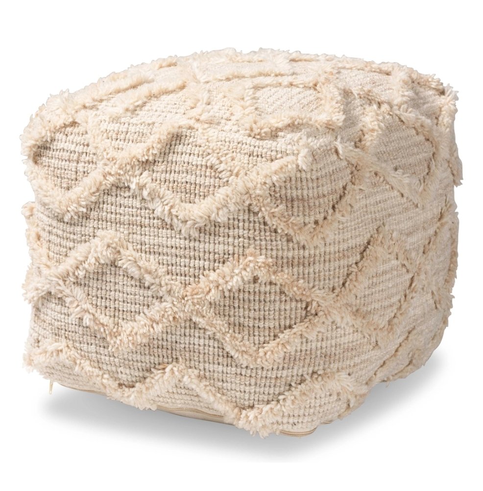 Baxton Studio Carilyn Modern And Contemporary Moroccan Inspired Ivory Handwoven Wool Blend Pouf Ottoman - lily & onyx