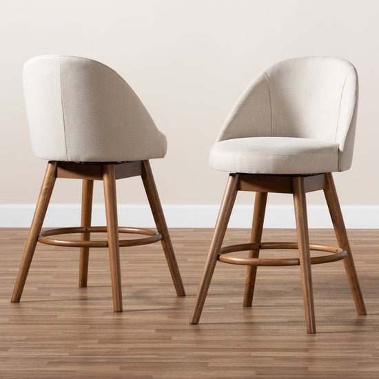 Load image into Gallery viewer, Baxton Studio Carra Mid-Century Modern Fabric Upholstered Walnut-Finished Wood Swivel Counter Stool (Set of 2) - lily &amp;amp; onyx
