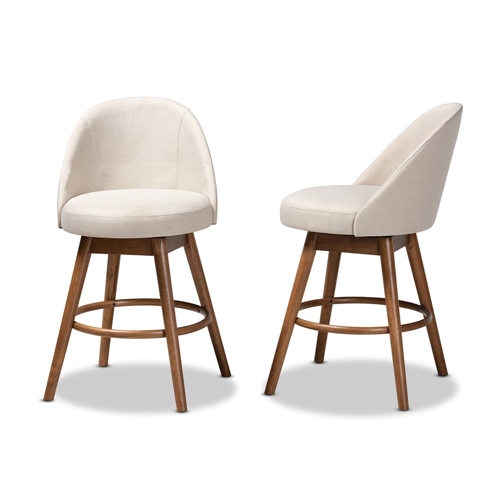 Load image into Gallery viewer, Baxton Studio Carra Mid-Century Modern Fabric Upholstered Walnut-Finished Wood Swivel Counter Stool (Set of 2) - lily &amp;amp; onyx
