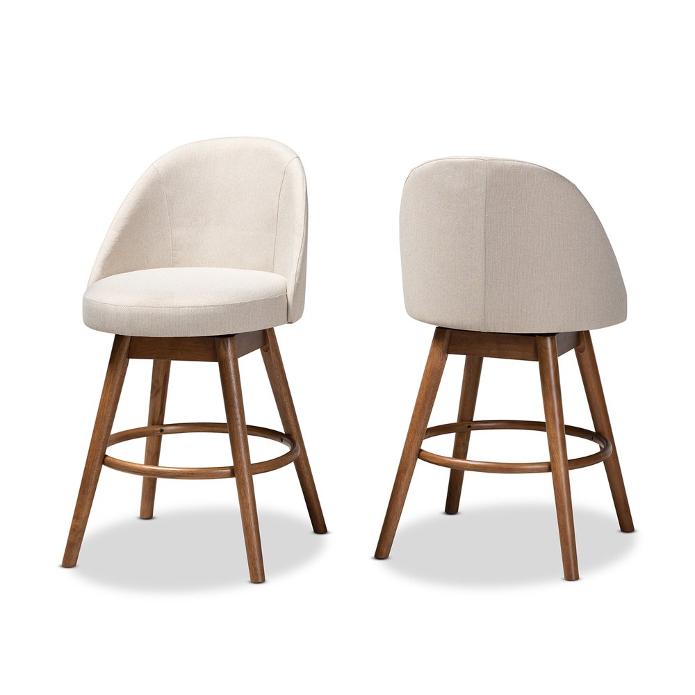 Baxton Studio Carra Mid-Century Modern Fabric Upholstered Walnut-Finished Wood Swivel Counter Stool (Set of 2) - lily & onyx