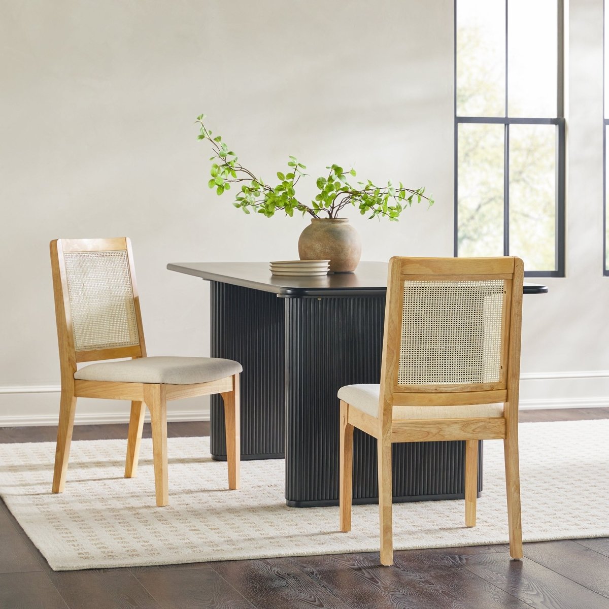 Walker Edison Catalina Solid Wood Dining Chair with Rattan Inset Back, Set of 2 - lily & onyx