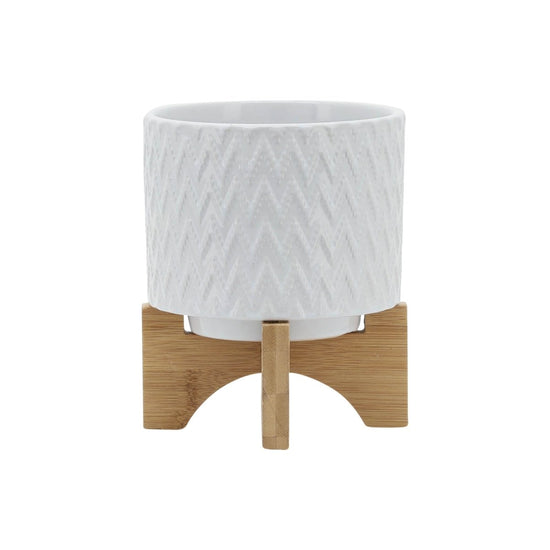 Sagebrook Home Ceramic Chevron Planter With Wood Stand, White - lily & onyx