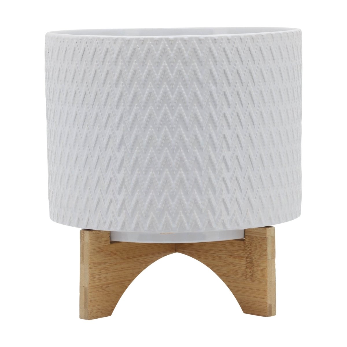 Sagebrook Home Ceramic Chevron Planter With Wood Stand, White - lily & onyx