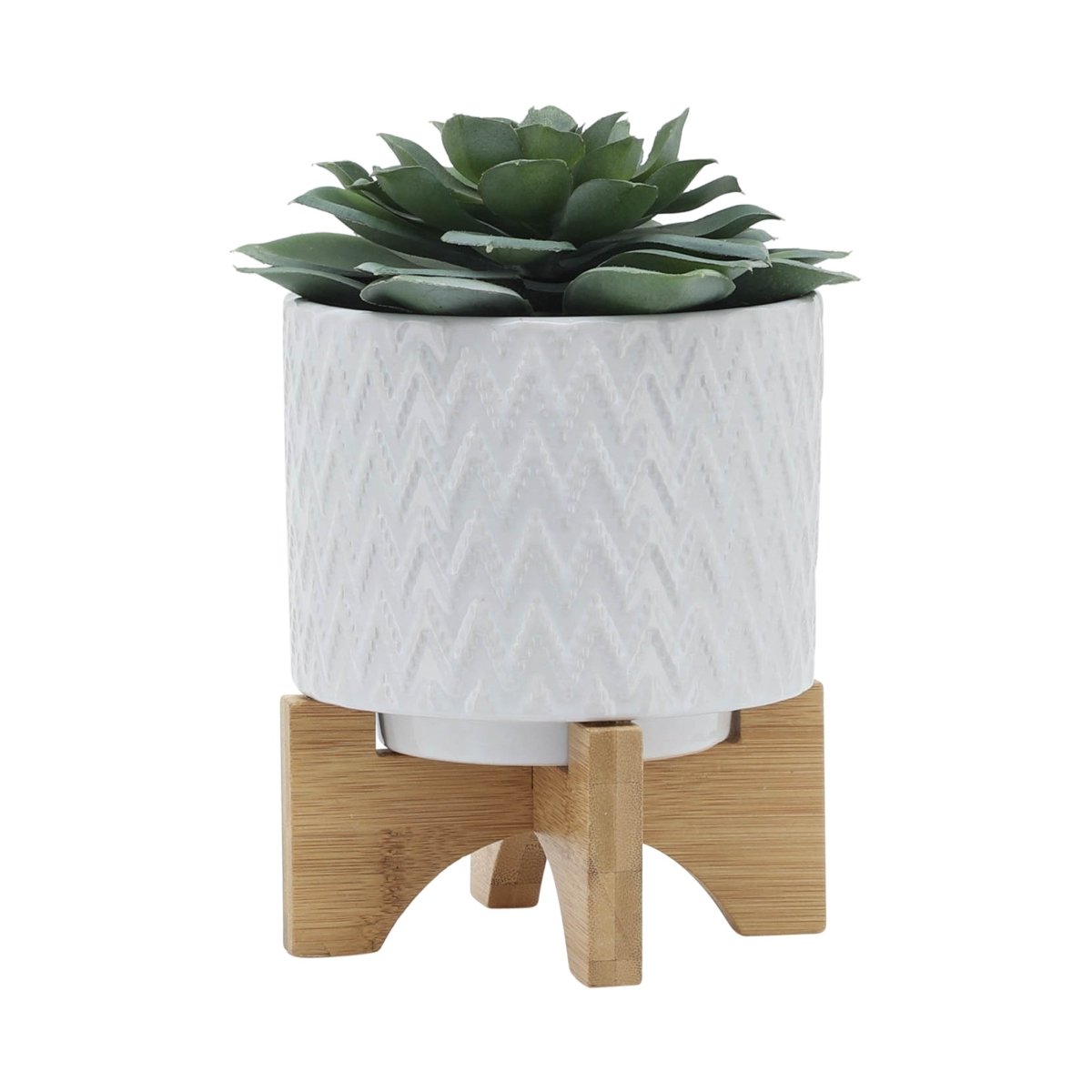 Sagebrook Home Ceramic Chevron Planter With Wood Stand, White - lily & onyx