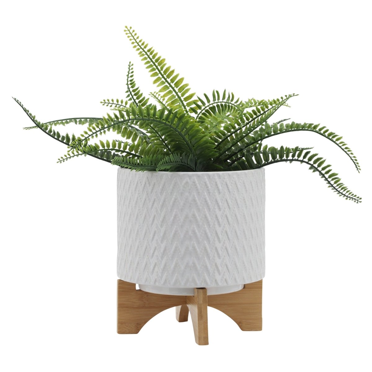 Sagebrook Home Ceramic Chevron Planter With Wood Stand, White - lily & onyx