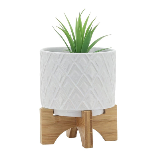 Sagebrook Home Ceramic Planter with Diamond Pattern and Glossy Finish and Wood Stand, Light Gray Ombre - lily & onyx
