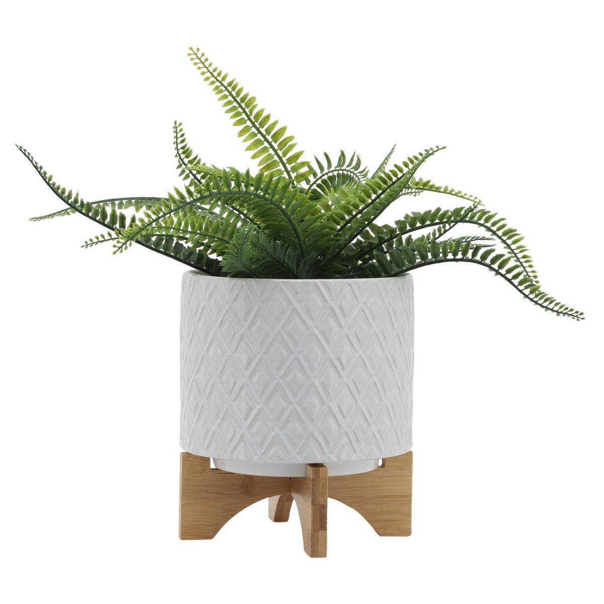 Sagebrook Home Ceramic Planter with Diamond Pattern and Glossy Finish and Wood Stand, Light Gray Ombre - lily & onyx