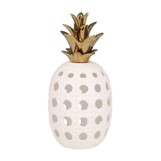 Load image into Gallery viewer, Sagebrook Home Ceramic White &amp;amp; Gold Lattice Weave Pineapple, 16&amp;quot; - lily &amp;amp; onyx
