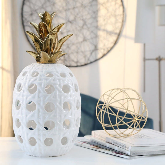 Load image into Gallery viewer, Sagebrook Home Ceramic White &amp;amp; Gold Lattice Weave Pineapple, 16&amp;quot; - lily &amp;amp; onyx
