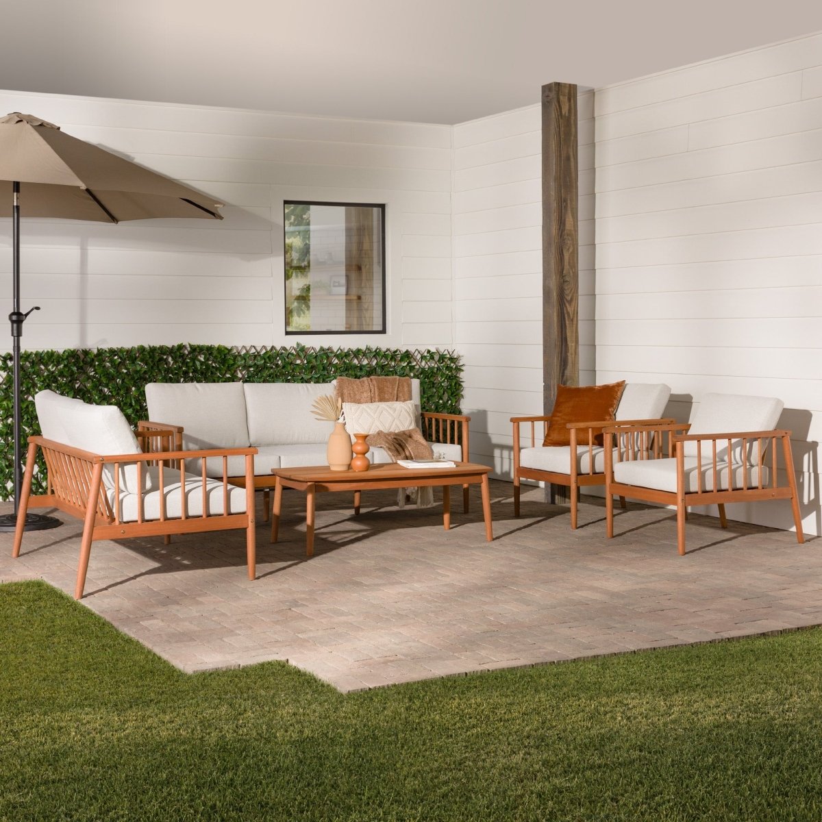 Walker Edison Circa Modern 5-Piece Solid Wood Spindle Patio Chat Set - lily & onyx