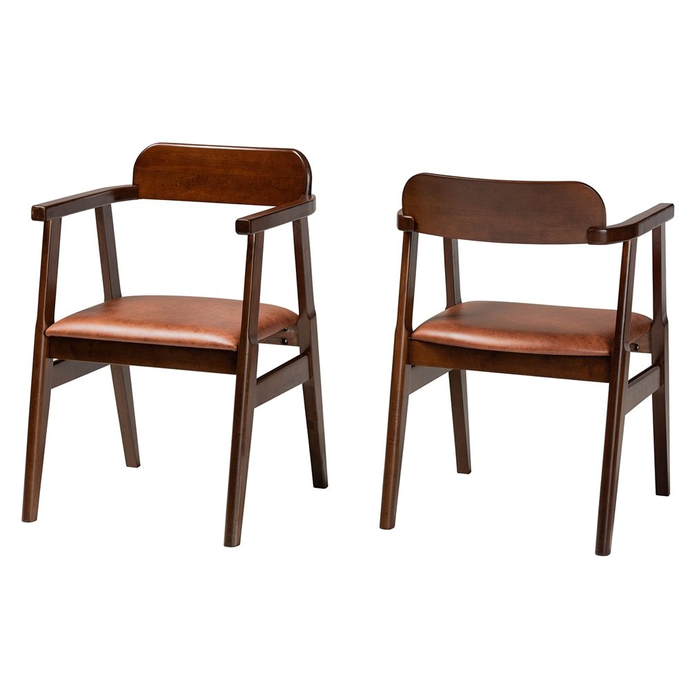 Baxton Studio Cleo Mid-Century Modern Leather Effect Fabric & Dark Brown Finished Wood 2-Piece Dining Chair Set - lily & onyx