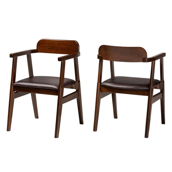 Baxton Studio Cleo Mid-Century Modern Leather Effect Fabric & Dark Brown Finished Wood 2-Piece Dining Chair Set - lily & onyx