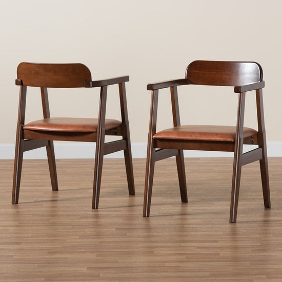 Baxton Studio Cleo Mid-Century Modern Leather Effect Fabric & Dark Brown Finished Wood 2-Piece Dining Chair Set - lily & onyx