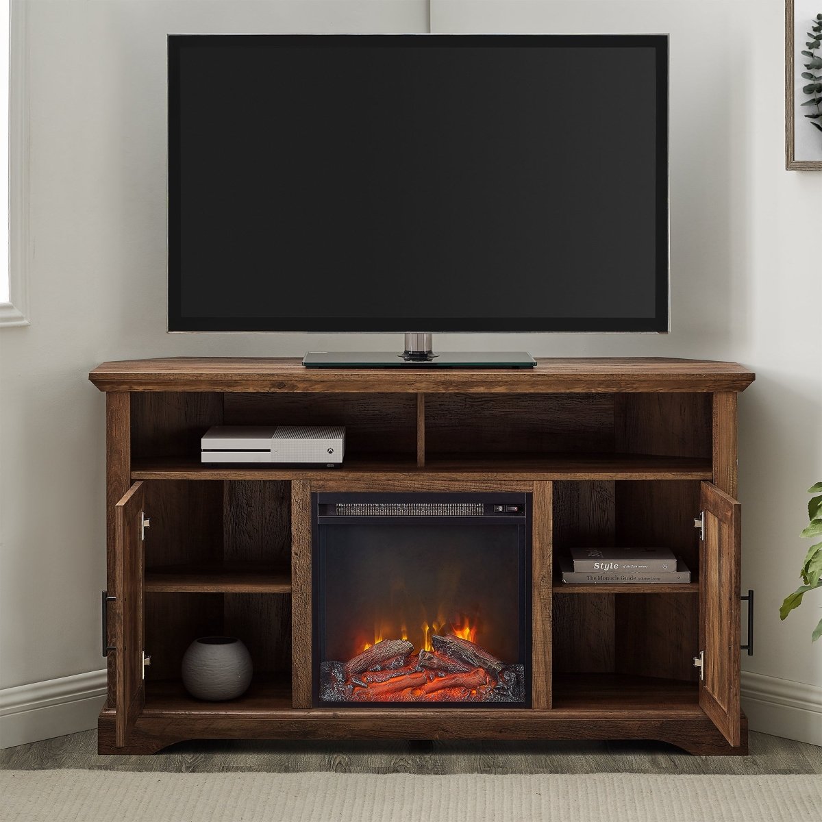 Walker Edison Columbus 54" Grooved Door Corner Fireplace TV Stand