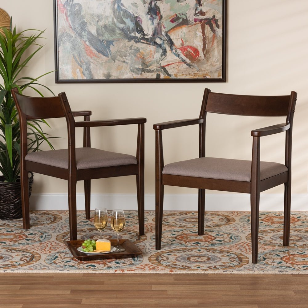 Baxton Studio Coretta Mid-Century Modern Upholstered Fabric & Dark Brown Finished Wood 2-Piece Dining Chair Set - lily & onyx