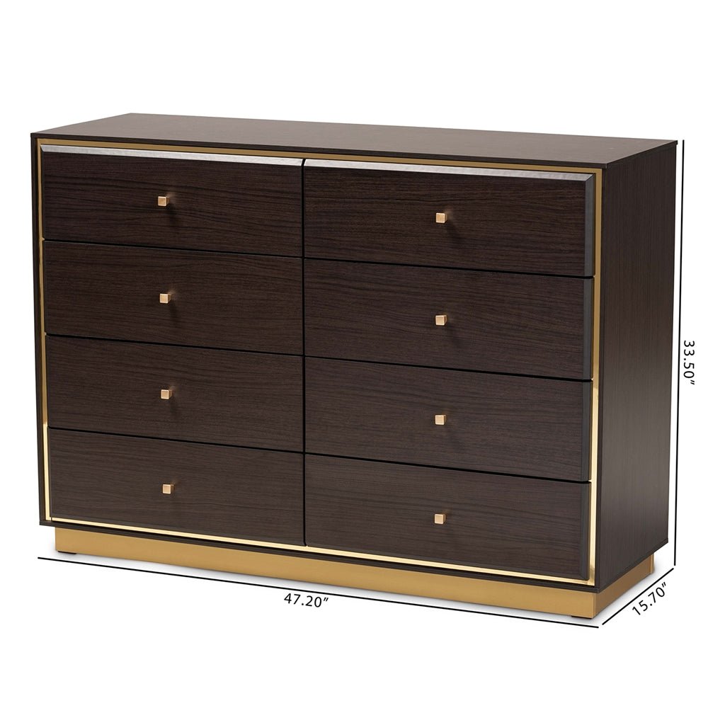 
                      
                        Baxton Studio Cormac Modern And Contemporary Wood And Gold Metal 8 Drawer Dresser - lily & onyx
                      
                    
