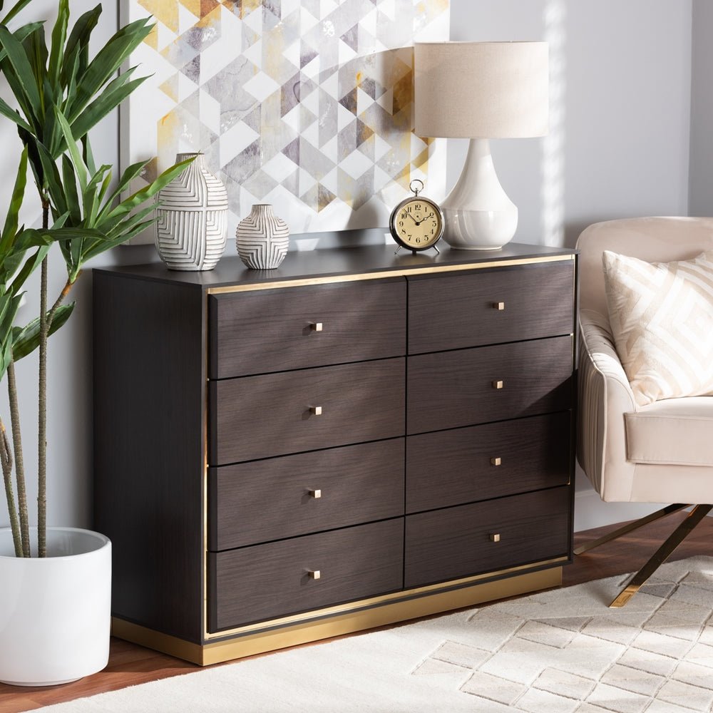 Baxton Studio Cormac Modern And Contemporary Wood And Gold Metal 8 Drawer Dresser - lily & onyx