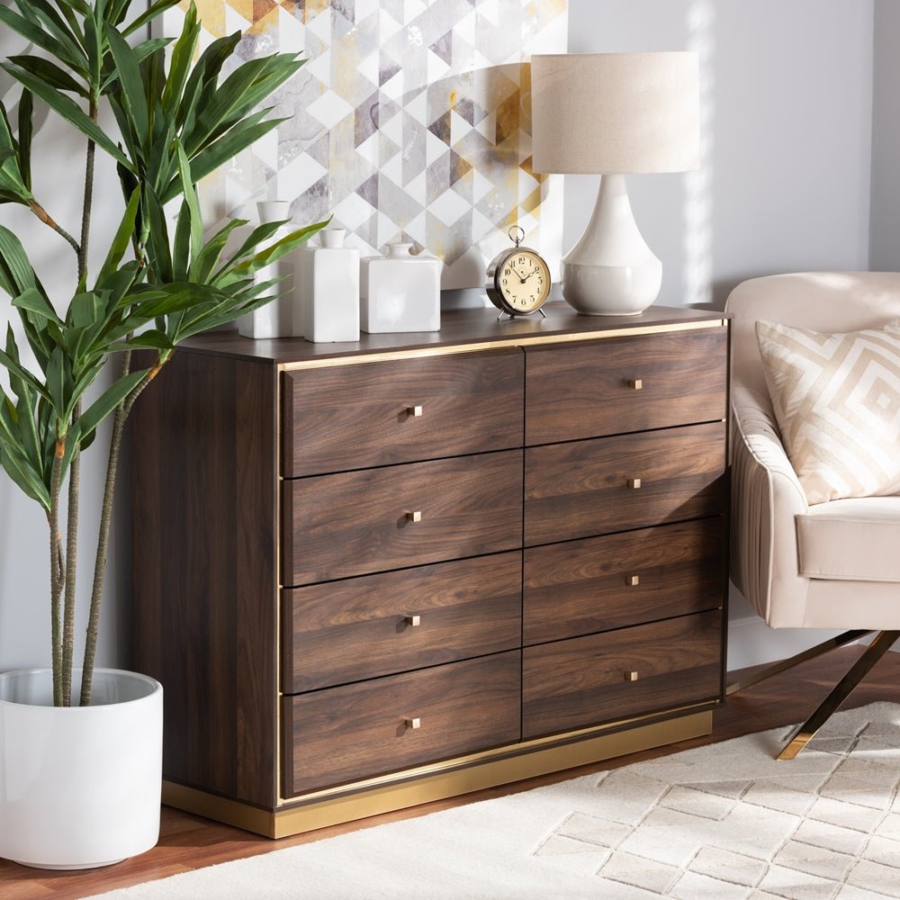 Baxton Studio Cormac Modern And Contemporary Wood And Gold Metal 8 Drawer Dresser - lily & onyx