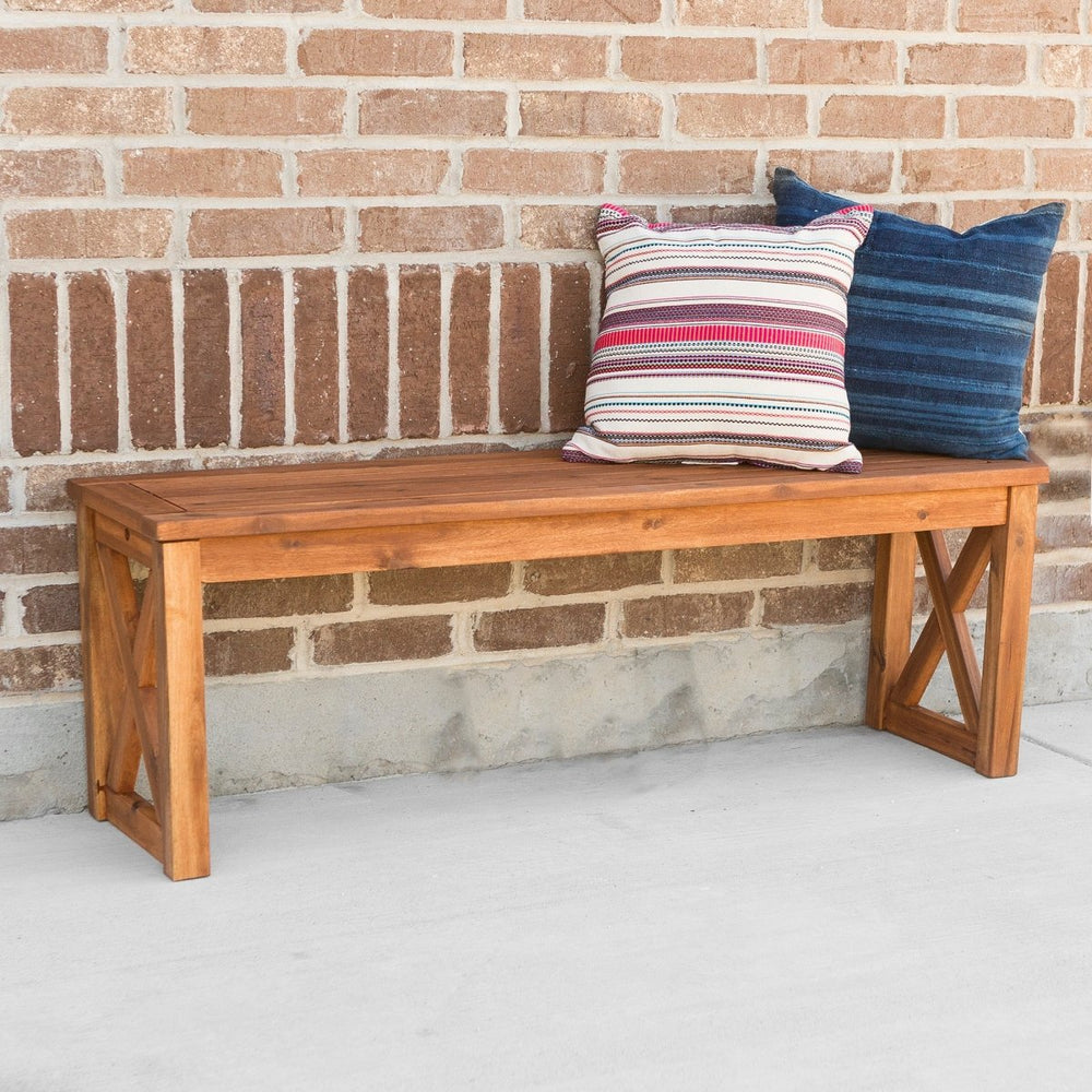 Walker Edison Crosswinds Acacia Wood X Frame Outdoor Patio Bench - lily & onyx