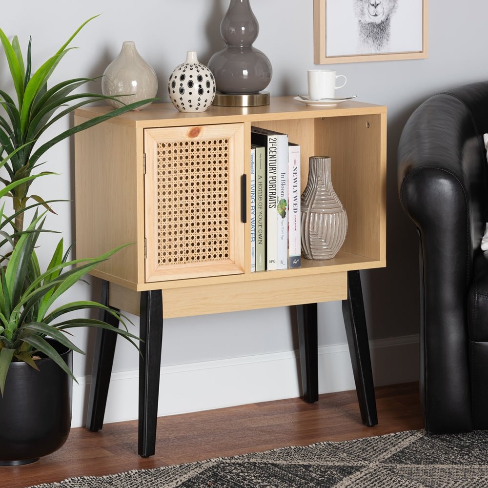 Baxton Studio Dacre Mid Century Modern Transitional Oak Brown & Black Wood 1 Door Console Table With Rattan - lily & onyx
