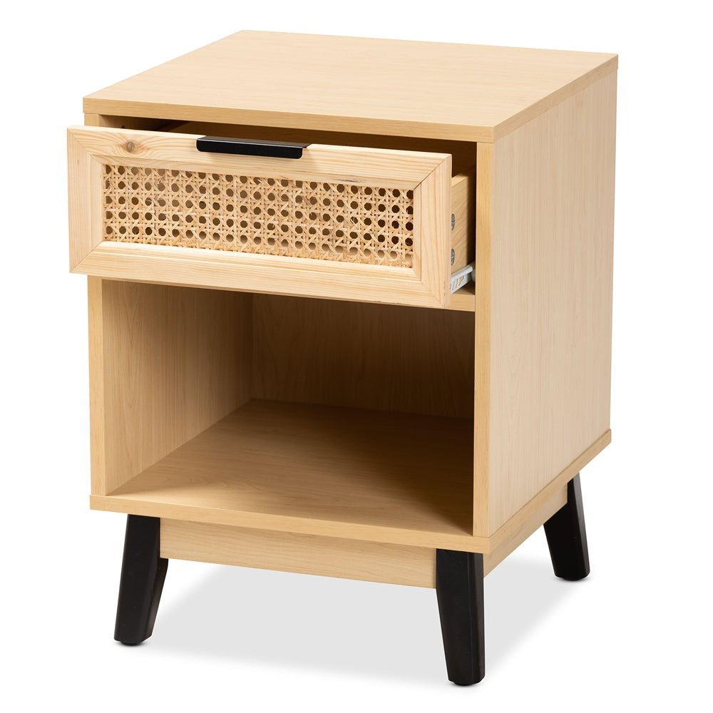 
                      
                        Baxton Studio Dacre Mid Century Modern Transitional Oak Brown & Black Wood 1 Drawer Nightstand With Rattan - lily & onyx
                      
                    
