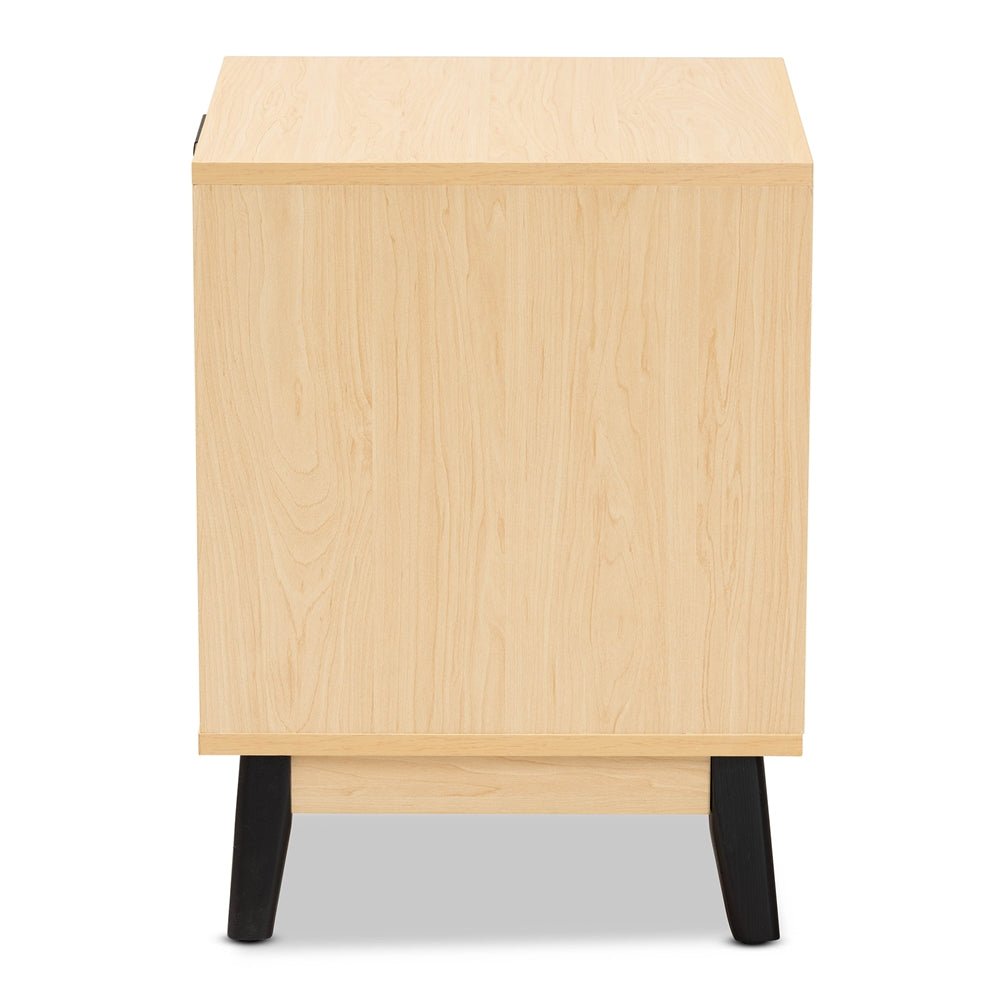 Baxton Studio Dacre Mid Century Modern Transitional Oak Brown & Black Wood 1 Drawer Nightstand With Rattan - lily & onyx