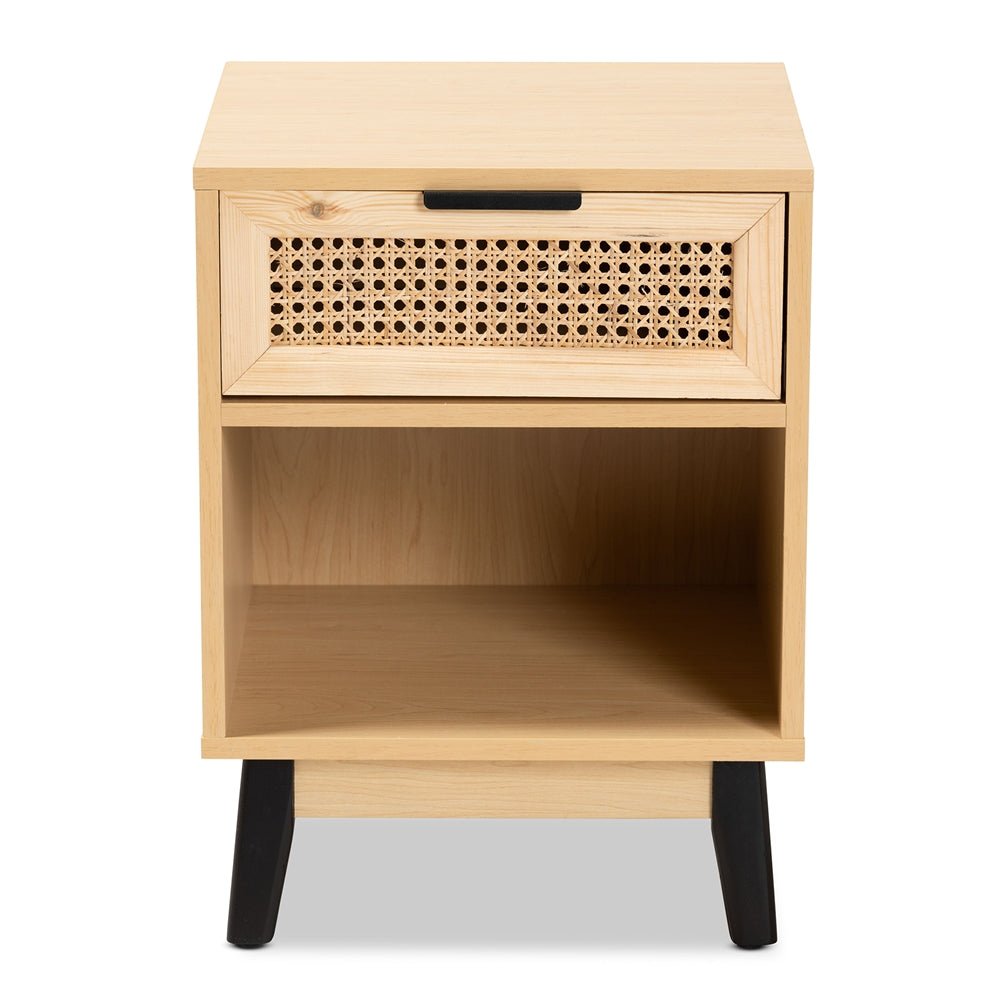 
                      
                        Baxton Studio Dacre Mid Century Modern Transitional Oak Brown & Black Wood 1 Drawer Nightstand With Rattan - lily & onyx
                      
                    