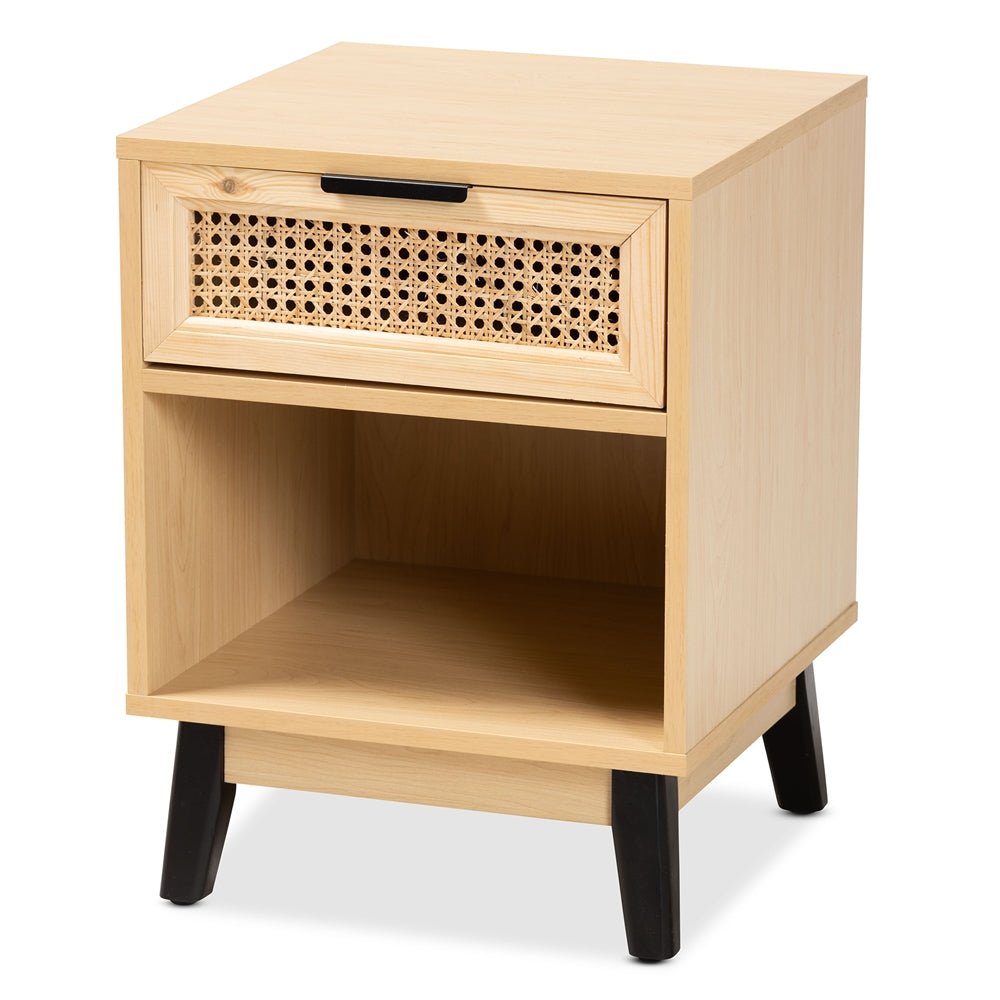 Baxton Studio Dacre Mid Century Modern Transitional Oak Brown & Black Wood 1 Drawer Nightstand With Rattan - lily & onyx