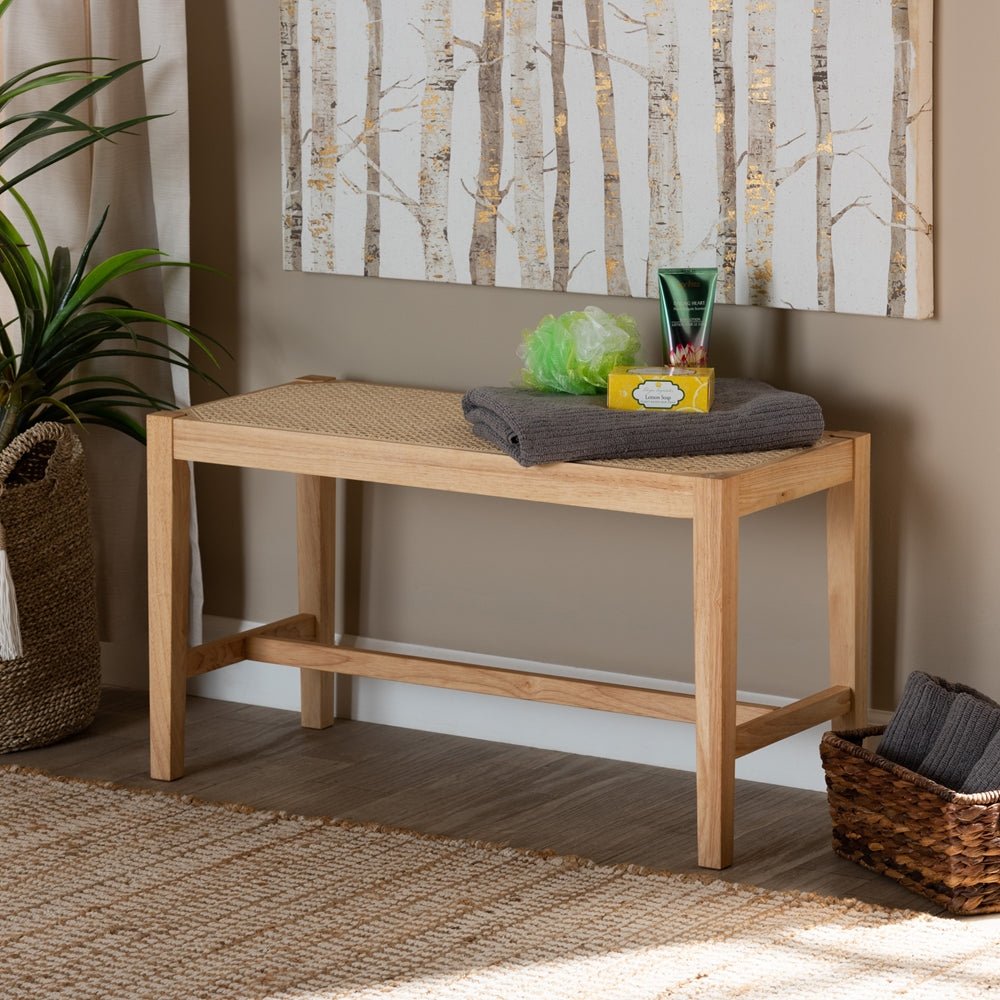 
                      
                        Baxton Studio Danyl Mid Century Modern Oak Brown Finished Wood And Rattan Accent Bench - lily & onyx
                      
                    