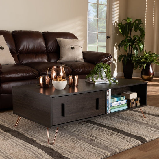 Load image into Gallery viewer, Baxton Studio Dark Brown Finished Wood And Rose Gold Tone Finished Metal 2 Drawer Coffee Table - lily &amp;amp; onyx
