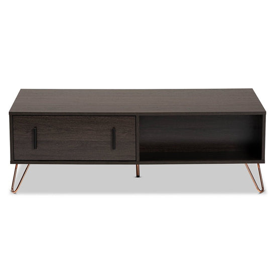 Baxton Studio Dark Brown Finished Wood And Rose Gold Tone Finished Metal 2 Drawer Coffee Table - lily & onyx