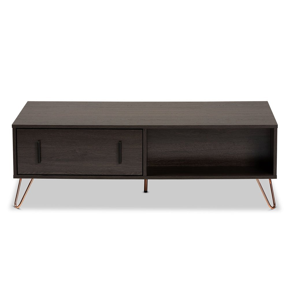Baxton Studio Dark Brown Finished Wood And Rose Gold Tone Finished Metal 2 Drawer Coffee Table - lily & onyx