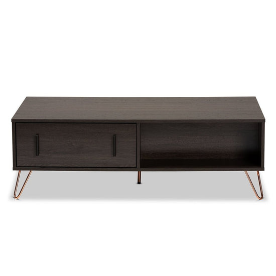 Load image into Gallery viewer, Baxton Studio Dark Brown Finished Wood And Rose Gold Tone Finished Metal 2 Drawer Coffee Table - lily &amp;amp; onyx

