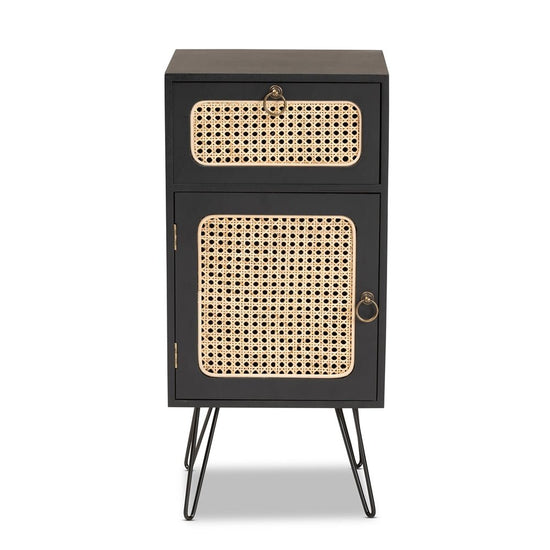 Load image into Gallery viewer, Baxton Studio Davion Mid Century Modern Espresso Brown Wood &amp;amp; Black Metal 1 Drawer End Table With Rattan - lily &amp;amp; onyx
