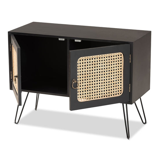 Load image into Gallery viewer, Baxton Studio Davion Mid Century Modern Espresso Brown Wood &amp;amp; Black Metal 2 Door Sideboard Buffet With Rattan - lily &amp;amp; onyx
