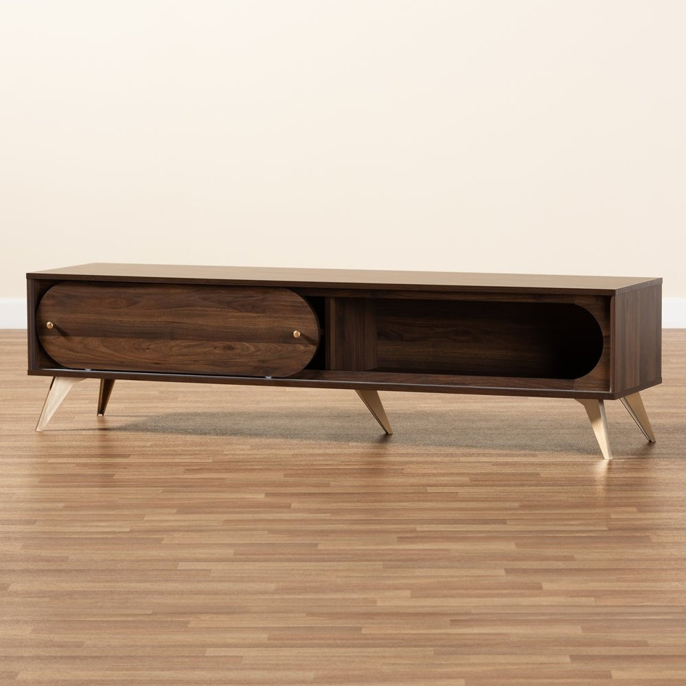 Baxton Studio Dena Mid Century Modern Walnut Brown Wood And Gold Finished Tv Stand - lily & onyx