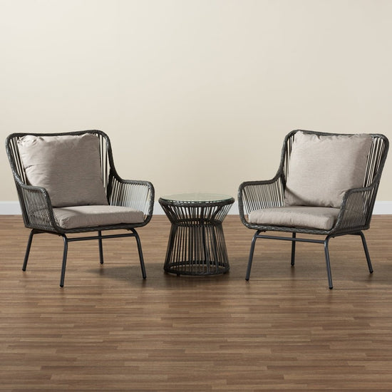 Baxton Studio Dermot Modern & Contemporary Beige Fabric & Grey Synthetic Rattan Upholstered 3 Piece Patio Set - lily & onyx