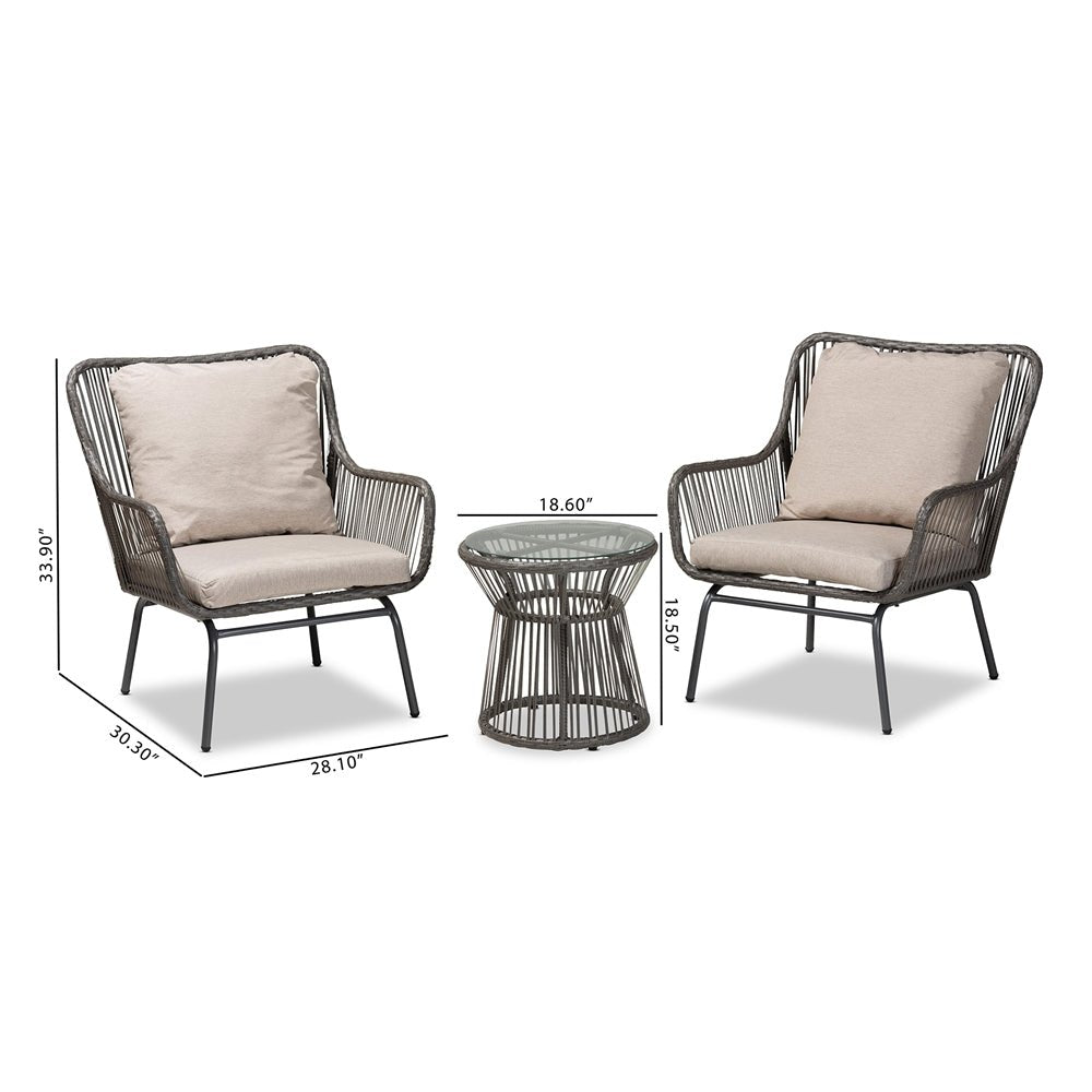 
                      
                        Baxton Studio Dermot Modern & Contemporary Beige Fabric & Grey Synthetic Rattan Upholstered 3 Piece Patio Set - lily & onyx
                      
                    