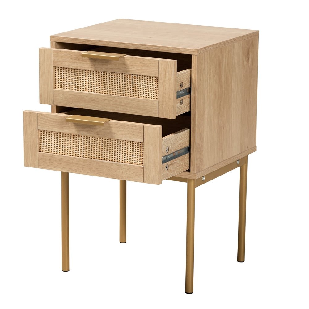 
                      
                        Baxton Studio Dewitt Japandi Light Brown Finished Wood & Gold Metal 2-Drawer End Table - lily & onyx
                      
                    