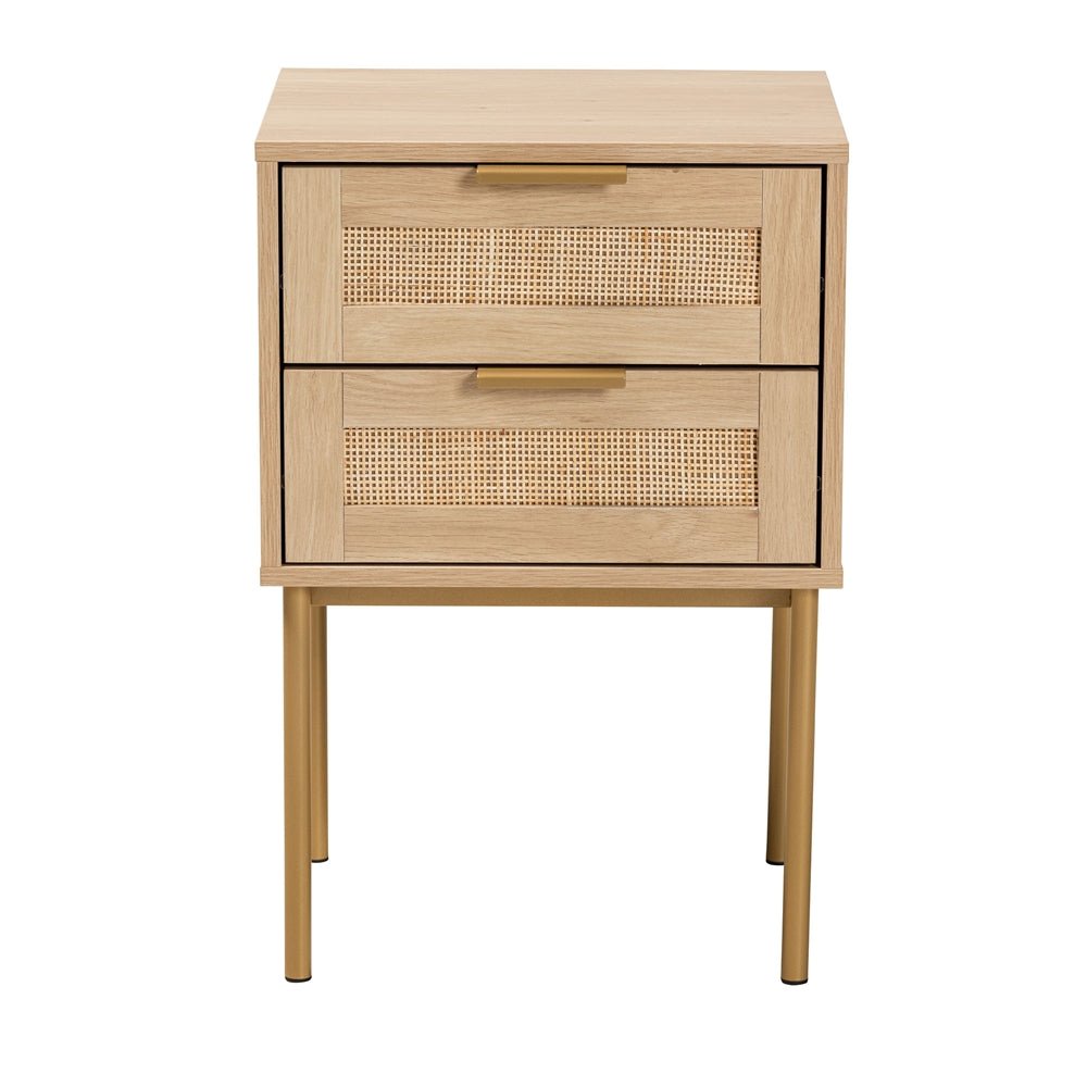 
                      
                        Baxton Studio Dewitt Japandi Light Brown Finished Wood & Gold Metal 2-Drawer End Table - lily & onyx
                      
                    