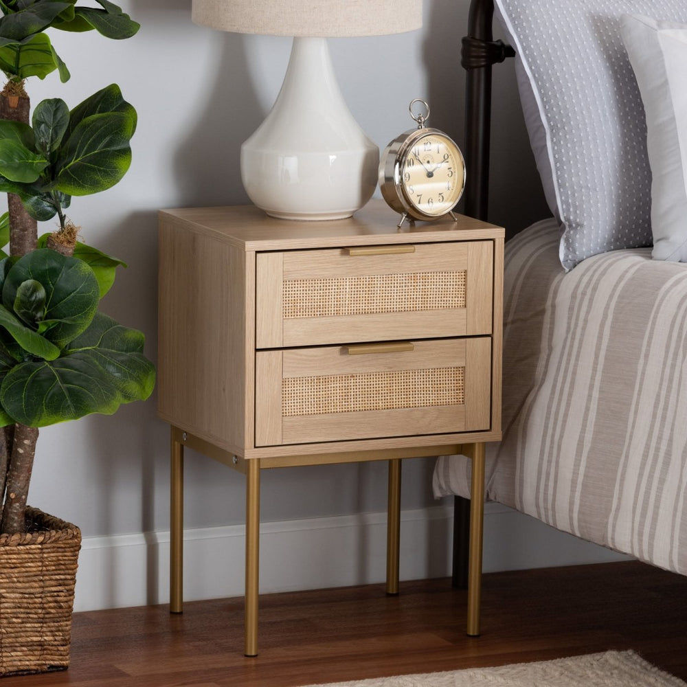 Baxton Studio Dewitt Japandi Light Brown Finished Wood & Gold Metal 2-Drawer End Table - lily & onyx