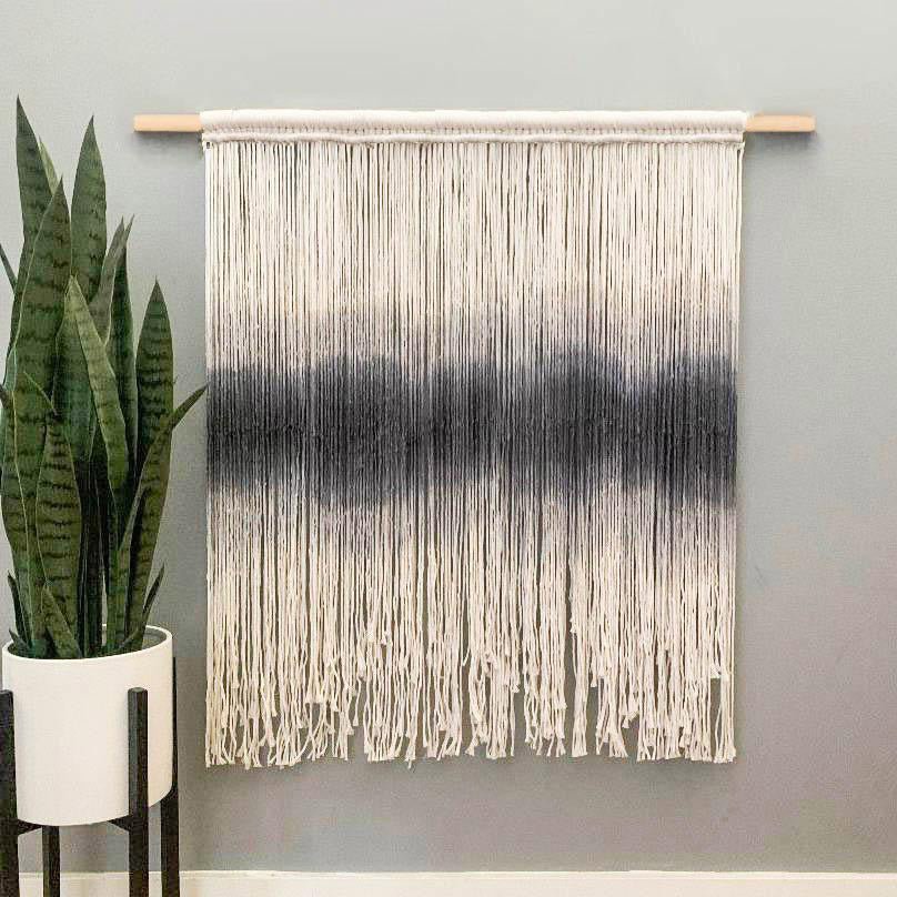 36x42 inch dip dye macrame wall tapestry in gradient colors on wood dowel