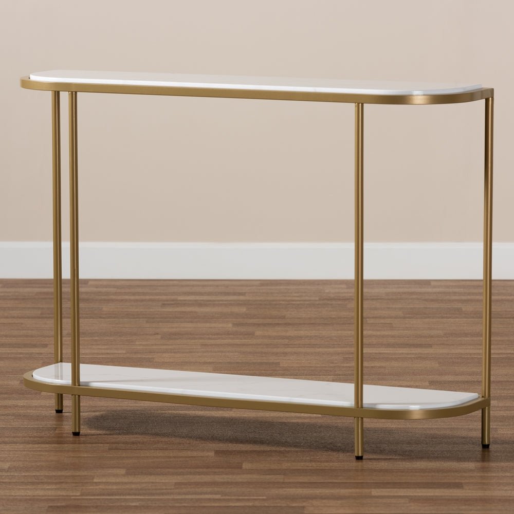 Baxton Studio Dominic Modern And Contemporary Gold Metal Console Table With Faux Marble Tabletop - lily & onyx