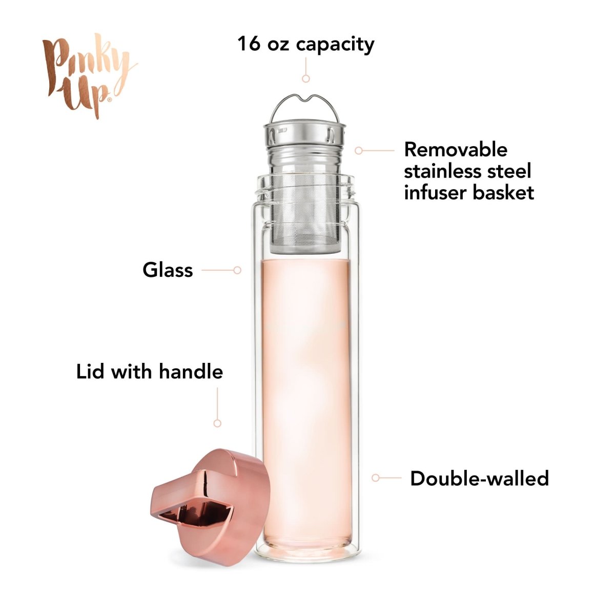 Pinky Up Dylan™ Rose Gold Glass Travel Infuser Mug - lily & onyx